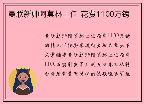 曼联新帅阿莫林上任 花费1100万镑